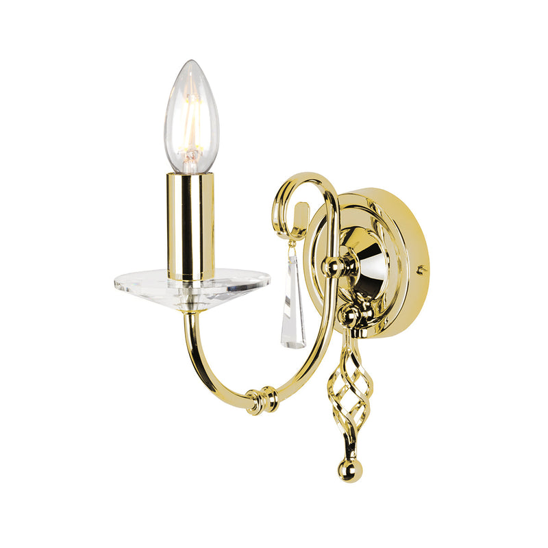Elstead Aegean 1 Light Wall Light in polished brass, featuring hand-forged scrolls, cut glass droplets, and a durable steel build, perfect for classic and luxury interiors.