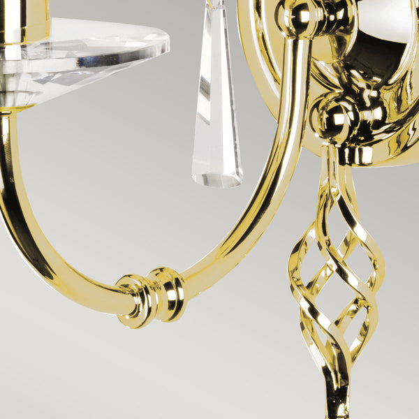 Elstead Aegean 1 Light Wall Light in polished brass, featuring hand-forged scrolls, cut glass droplets, and a durable steel build, perfect for classic and luxury interiors.