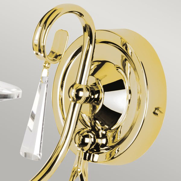 Elstead Aegean 1 Light Wall Light in polished brass, featuring hand-forged scrolls, cut glass droplets, and a durable steel build, perfect for classic and luxury interiors.