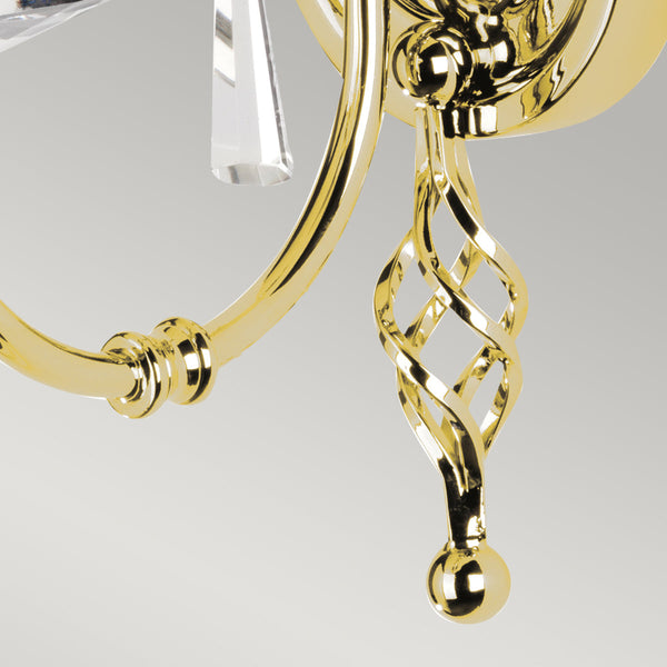 Elstead Aegean 1 Light Wall Light in polished brass, featuring hand-forged scrolls, cut glass droplets, and a durable steel build, perfect for classic and luxury interiors.