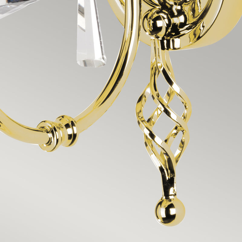 Elstead Aegean 1 Light Wall Light in polished brass, featuring hand-forged scrolls, cut glass droplets, and a durable steel build, perfect for classic and luxury interiors.