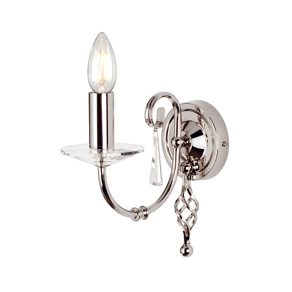 Elstead Aegean 1 Light Wall Light in polished nickel, featuring hand-forged scrolls, cut glass droplets, and a high-quality steel build, perfect for elegant interiors.
