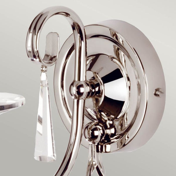 Elstead Aegean 1 Light Wall Light in polished nickel, featuring hand-forged scrolls, cut glass droplets, and a high-quality steel build, perfect for elegant interiors.