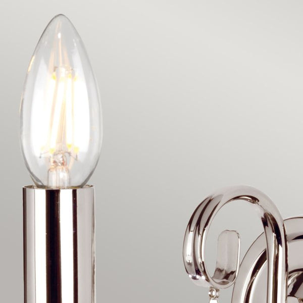 Elstead Aegean 1 Light Wall Light in polished nickel, featuring hand-forged scrolls, cut glass droplets, and a high-quality steel build, perfect for elegant interiors.