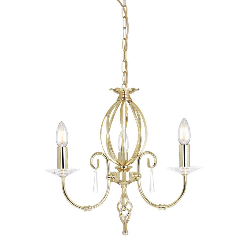 Elstead Aegean 3 Light Candle Chandelier in polished brass on a white background