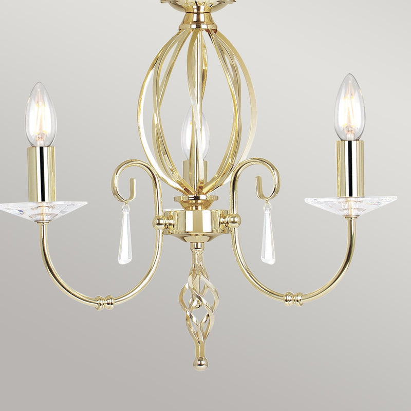 Close-up detail of the Aegean 3 Light Candle Chandelier in polished brass