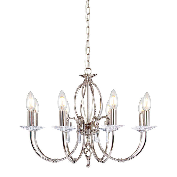 Elstead Aegean 8 Light Candle Chandelier in polished nickel on a white background