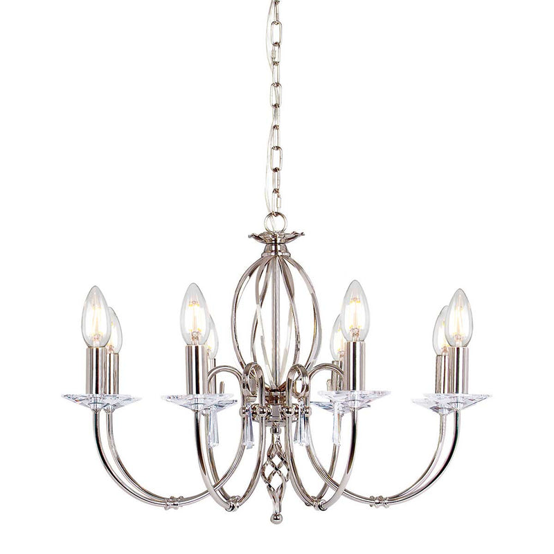 Elstead Aegean 8 Light Candle Chandelier in polished nickel on a white background