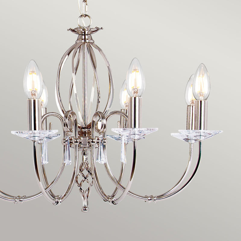 Close-up detail of the Aegean 8 Light Candle Chandelier in polished nickel