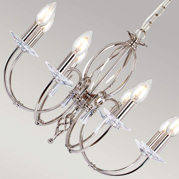 Close-up detail of the Aegean 8 Light Candle Chandelier in polished nickel (2)