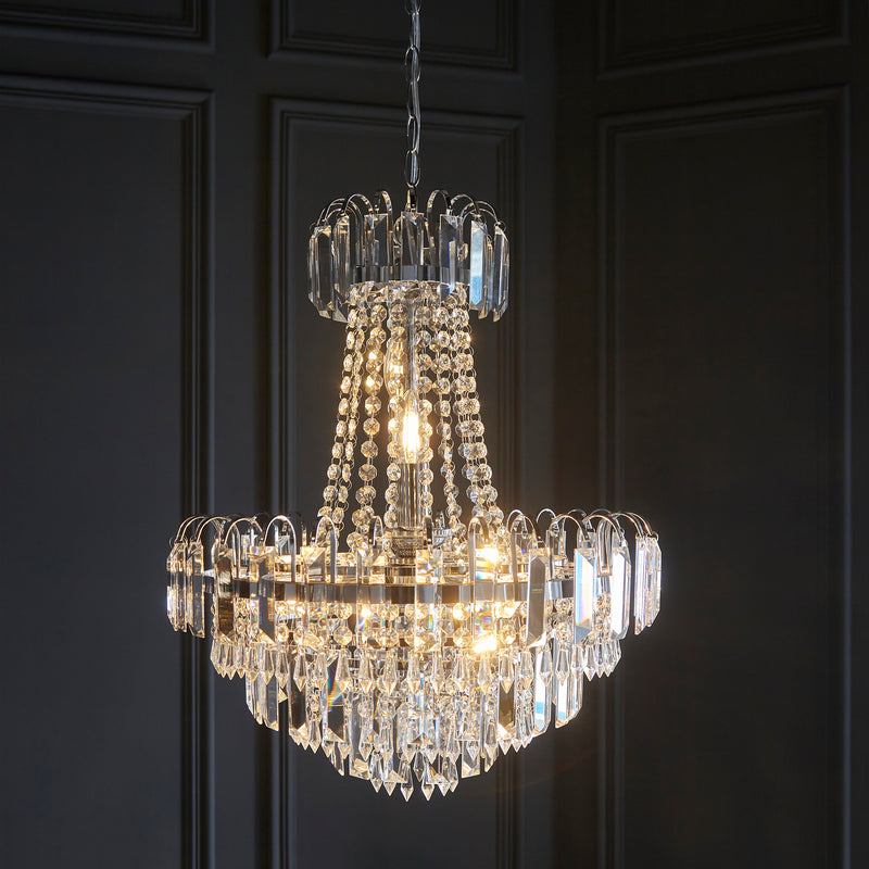 Amadis 6 Light Crystal Pendant showing internal crystal chains and lamps
