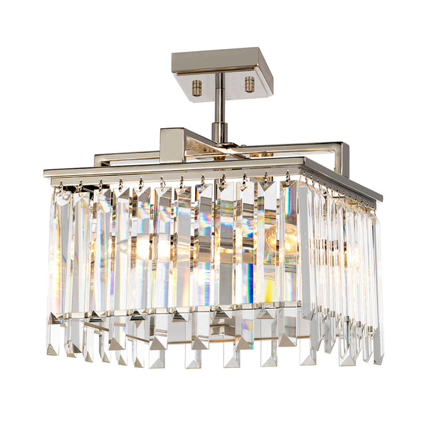 This Aries Art Deco style 4 light dual mount crystal chandelier in polished nickel is beautiful. Featuring square ceiling cup, rod suspension and square frame housing four lamp bulbs.