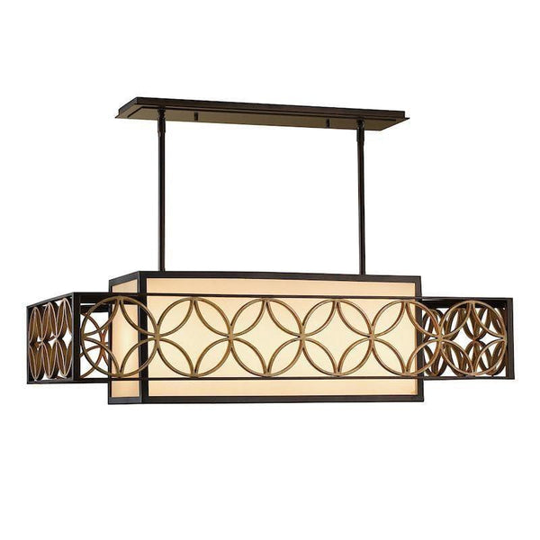 Elstead Remy 4-Light Rectangle Pendant Light in Heritage Bronze and Parisienne Gold features an intricate metal frame, bronze organza fabric shade, and warm, ambient lighting, perfect for luxurious interiors.
