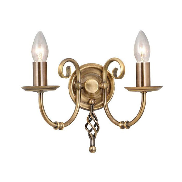 Elstead Artisan 2 Light Wall Light in aged brass, featuring intricate scrollwork, knot twist detailing, and a durable steel build, perfect for traditional interiors.