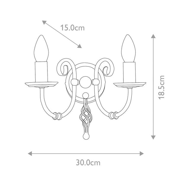 Elstead Artisan 2 Light Wall Light in aged brass, featuring intricate scrollwork, knot twist detailing, and a durable steel build, perfect for traditional interiors.