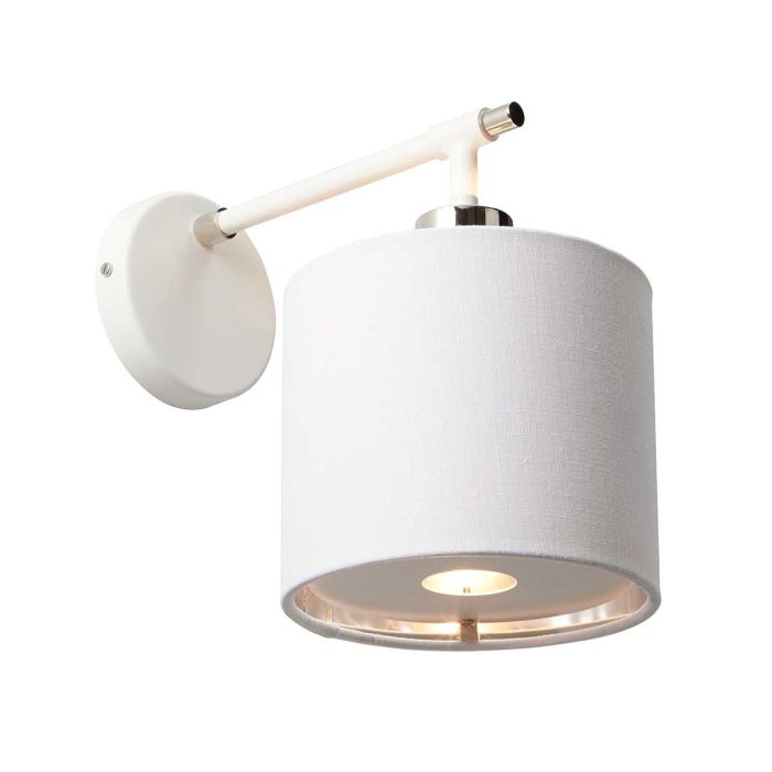 Elstead Balance 1 Light Wall Light in white and polished nickel, featuring a stylish white faux linen shade with silver metallic lining. A modern and elegant lighting solution.