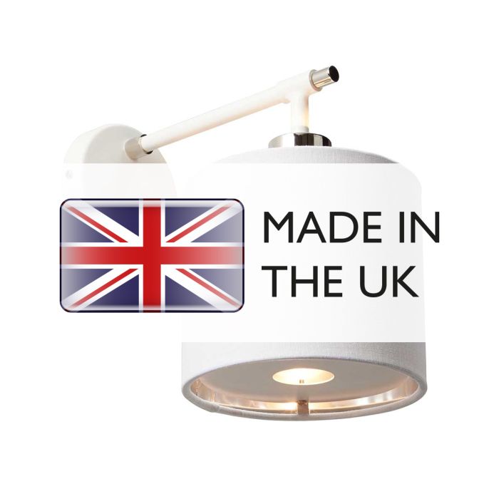 Elstead Balance 1 Light Wall Light in white and polished nickel, featuring a stylish white faux linen shade with silver metallic lining. A modern and elegant lighting solution.