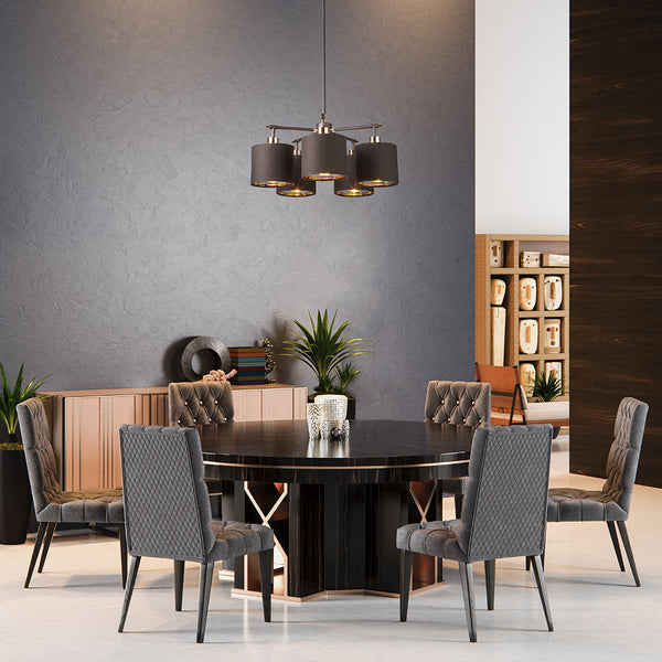 This Elstead Balance brown finish 5 light chandelier with gold lined shades and polished brass detail is contemporary and stylish. Circular ceiling mount and rod suspension finished in brown, with polished brass detail at the top and shade mounts.