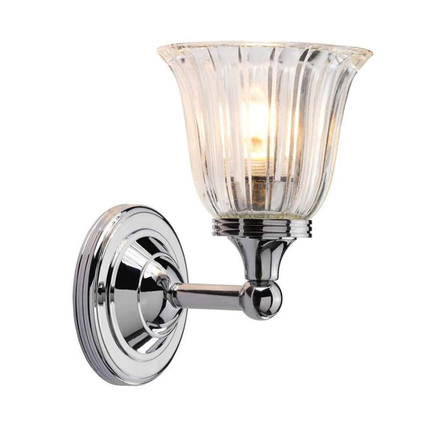 Austen 1 Light Wall Light in polished chrome, IP44-rated for bathroom use. Elegant, solid brass construction with a timeless design.