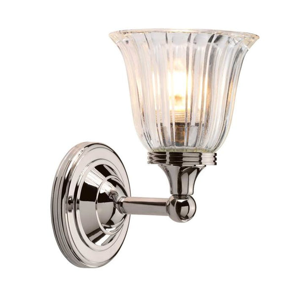 Austen 1 Light Wall Light in polished nickel, IP44-rated for bathroom use. Crafted from solid brass, featuring an elegant and timeless design.