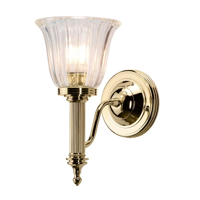 Elstead Carroll 1 Light Wall Light in polished brass with a solid brass body and elegant finish. IP44-rated for bathroom use, includes a 3W LED G9 bulb. Provides warm 3000K illumination with a stylish design.