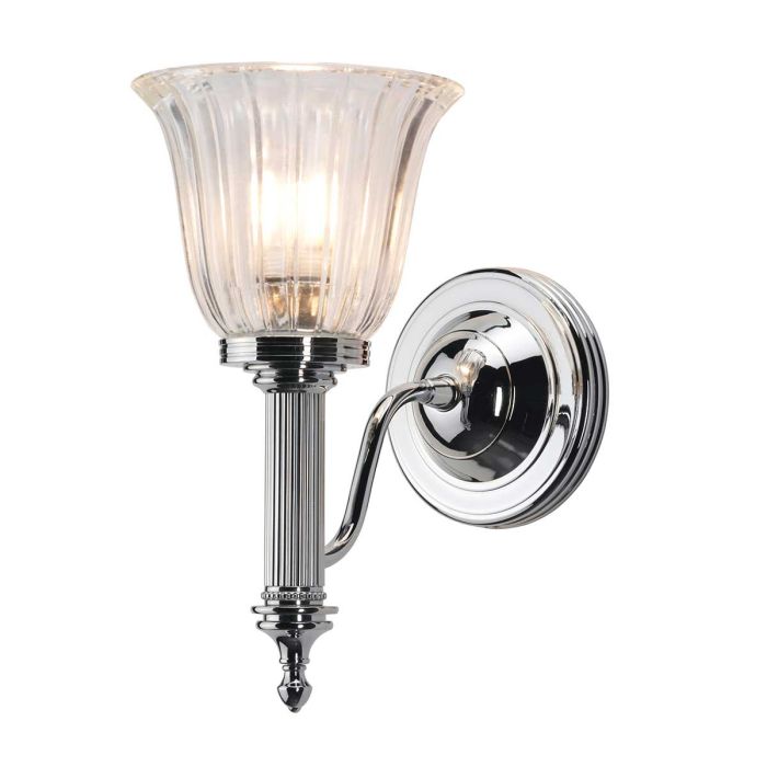 Elstead Carroll 1 Light Wall Light in polished chrome with a solid brass build and sleek finish. IP44-rated for bathroom use, includes a 3W LED G9 bulb. Provides warm 3000K illumination with a stylish design.