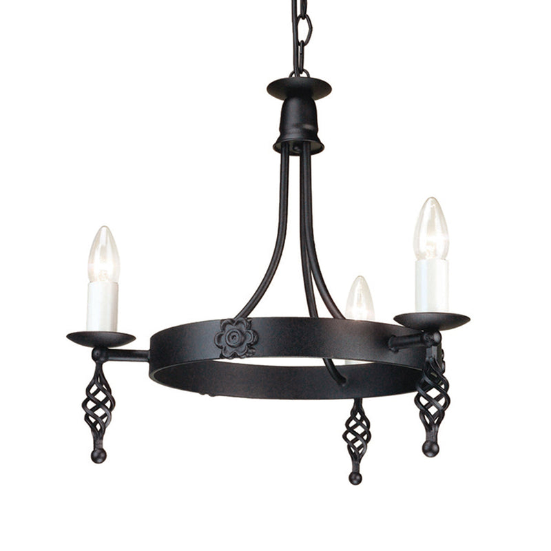The Elstead Cheadle bathroom 3 light chandeliers in polished chrome finish and rated IP44 boasting traditional period style and opal white glass shades. Featuring a circular ceiling mount and rod suspension, with three curved arms and upward-facing opal white glass bowl shades.