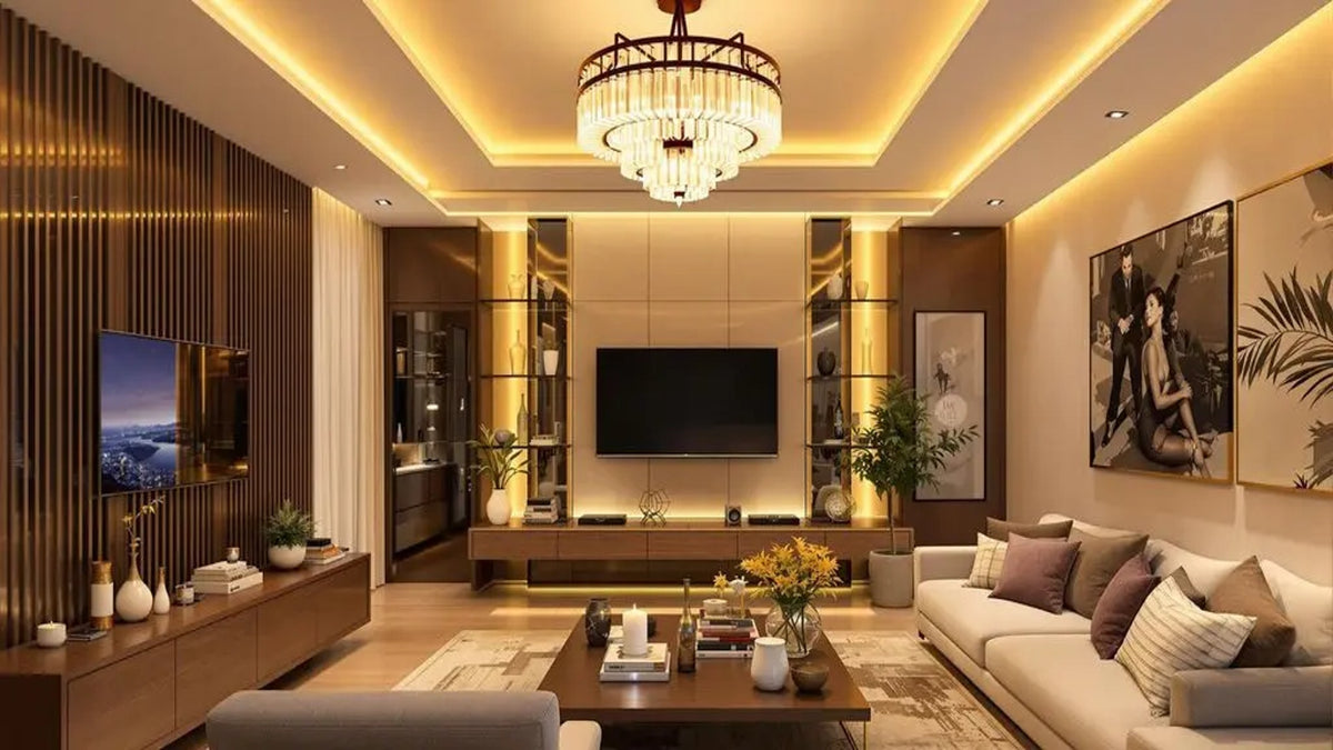Luxury chandelier lighting in elegant modern living room with warm ambient lighting