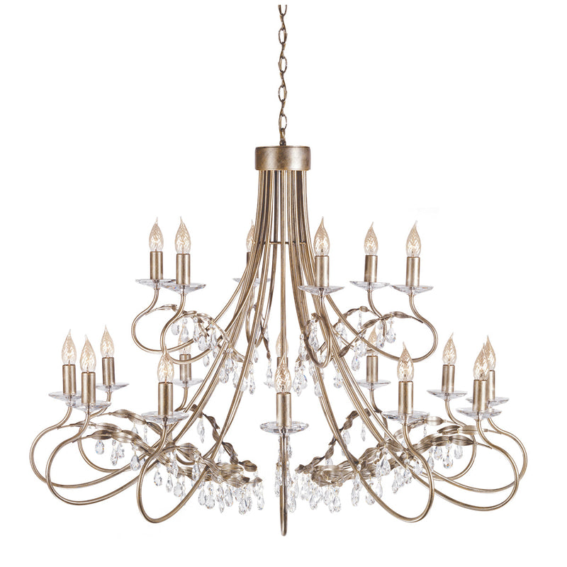 This Elstead Christina large silver and gold 18-light chandelier, This Elstead Christina large silver and gold 18-light chandelier with crystal drops and cut glass sconces is handmade in England and features a circular ceiling mount and chain link suspension. 