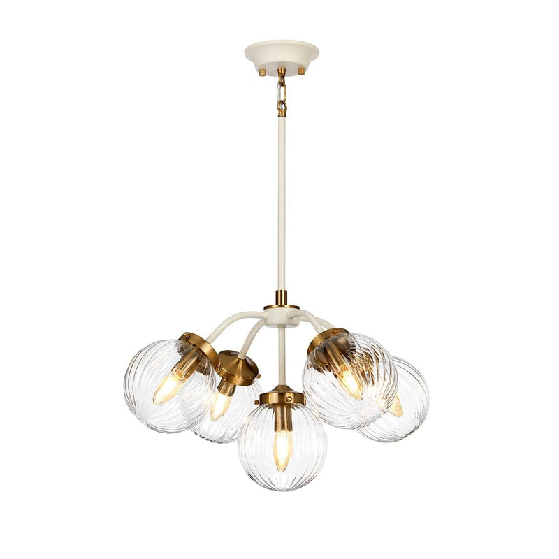 Elstead Cosmos 5-Light Multi Arm Pendant Light in Brass & Cream features elegant curved arms and a timeless multi-light design, offering warm and sophisticated illumination for stylish interiors.