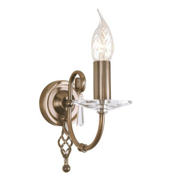 Elstead Aegean 1 Light Wall Light in aged brass, featuring hand-forged scrollwork, cut glass droplets, and a timeless classical design. Ideal for elegant interiors with dimmable functionality.