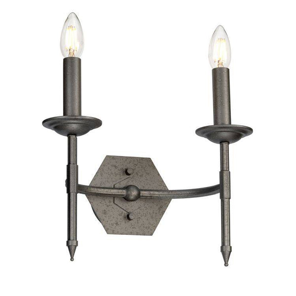 Elstead Crown 2 Light Wall Light in Iron Gate finish, featuring unique hexagonal tubing and intricate fretwork. A compact, regal lighting fixture inspired by UK royal heritage, perfect for elegant interiors.