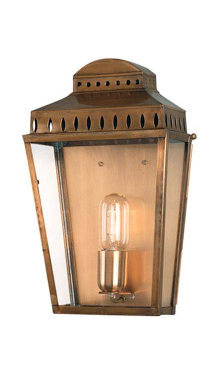 Aged brass Mansion House 1 Light Wall Lantern featuring a classic pre-Georgian British design with clear glass panels. Handcrafted for durability and finished with a lacquered aged brass coating, ideal for elegant outdoor spaces.