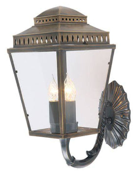 Elstead Mansion House 3 Light Wall Lantern in aged brass, featuring a handcrafted, solid brass frame with clear glass panels. Pre-Georgian British design, perfect for enhancing exterior spaces with timeless elegance.