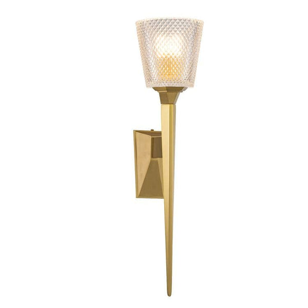 Elstead Verity 1 Light Wall Light in brushed brass, inspired by the Olympic torch. Features a premium cut glass shade and a sleek, modern design. IP44-rated, ideal for bathrooms and living spaces.