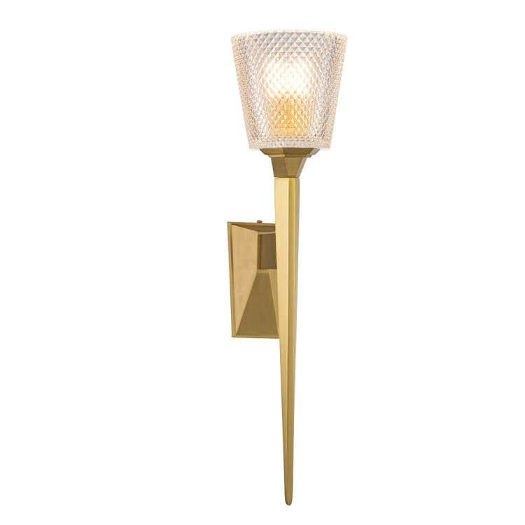 Elstead Verity 1 Light Wall Light in brushed brass, inspired by the Olympic torch. Features a premium cut glass shade and a sleek, modern design. IP44-rated, ideal for bathrooms and living spaces.