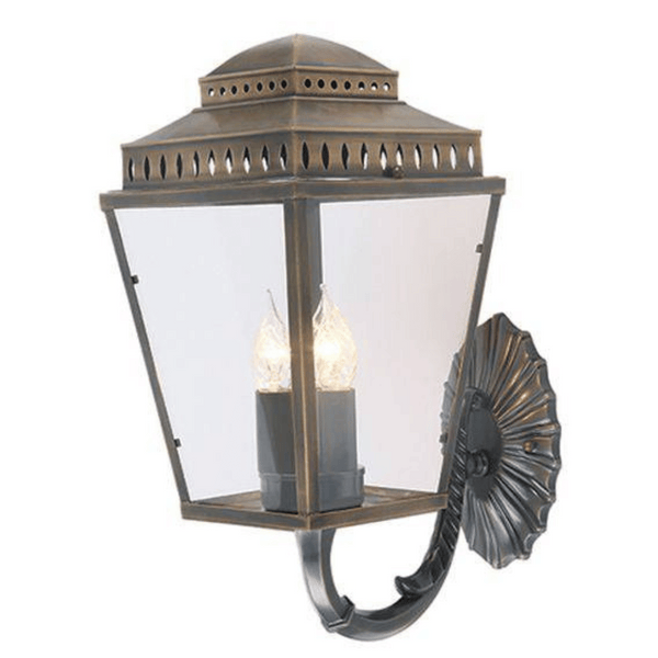 Elstead Mansion House 3 Light Wall Lantern in aged brass, featuring a handcrafted, solid brass frame with clear glass panels. Pre-Georgian British design, perfect for enhancing exterior spaces with timeless elegance.