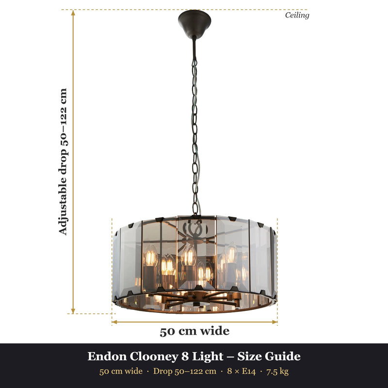 Endon Clooney 8 Light Pendant size guide – 50 cm wide, adjustable drop 50–122 cm