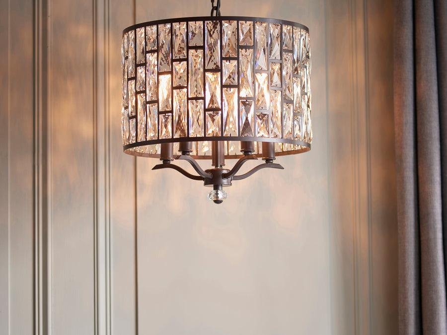 ndoncollection belle-5-light-ceiling pendant chandelier in dark bronze and clear crystal glass product code 69390