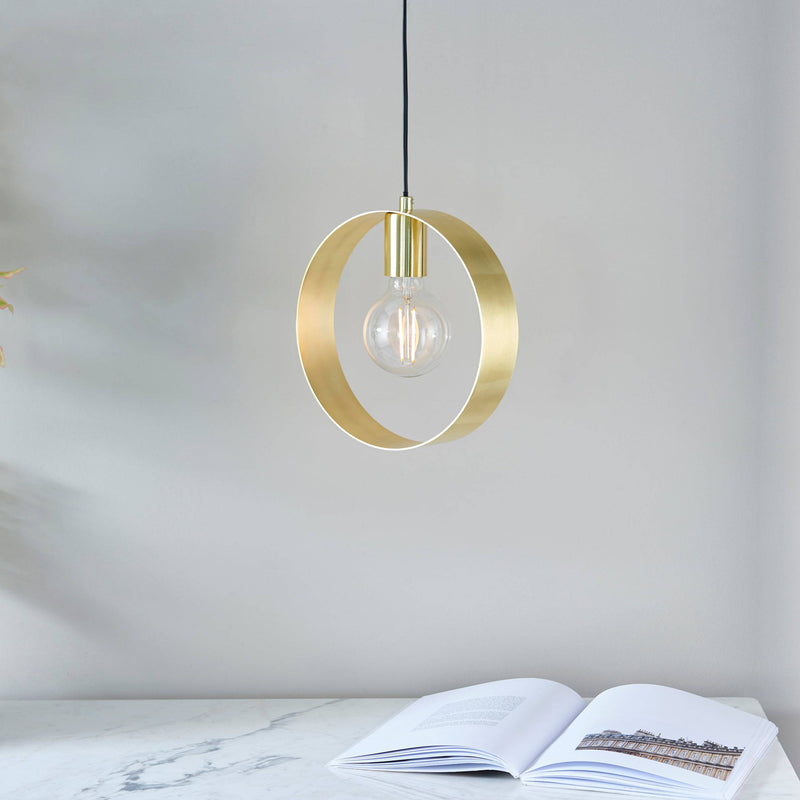 Endon Multi Hoop Pendant Light in Brushed Brass features a modern steel and brass design, dimmable functionality, and adjustable height, making it a versatile and stylish lighting solution for contemporary interiors.