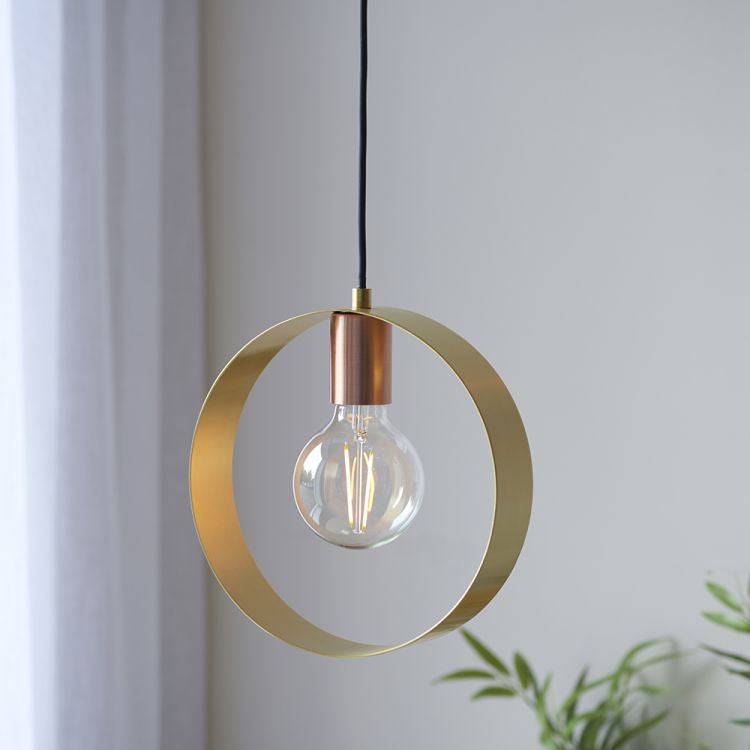 Endon Multi Hoop Pendant Light in Brass, Copper, and Nickel features a striking blend of metallic finishes, a durable steel frame, and dimmable functionality, making it a bold statement piece for modern interiors.
