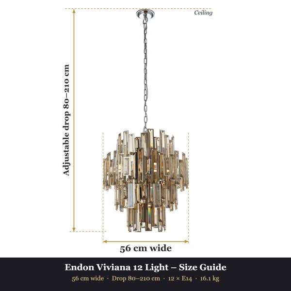 Endon Viviana 12 Light Crystal Chandelier size guide – 56 cm wide, adjustable drop 80–210 cm