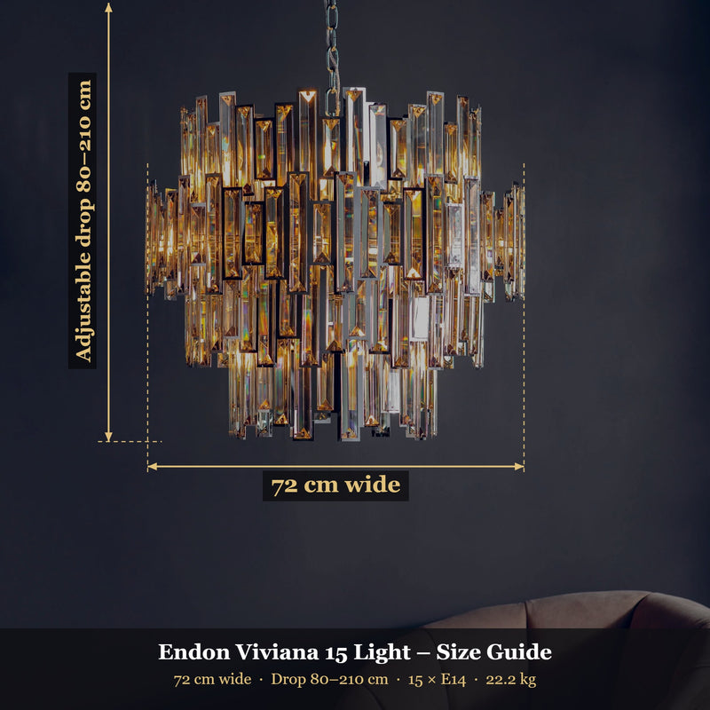 Endon Viviana 15 Light Crystal Chandelier size guide – 72 cm wide, adjustable drop 80–210 cm