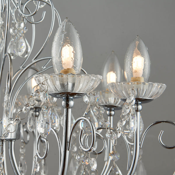  This stunning Tabitha 8 light pendant crystal chandeliers comes in a polished chrome finish, and is IP44 rated for bathrooms from Endon Lighting product code 72561