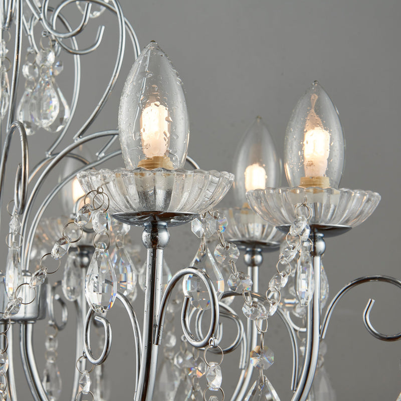  This stunning Tabitha 8 light pendant crystal chandeliers comes in a polished chrome finish, and is IP44 rated for bathrooms from Endon Lighting product code 72561