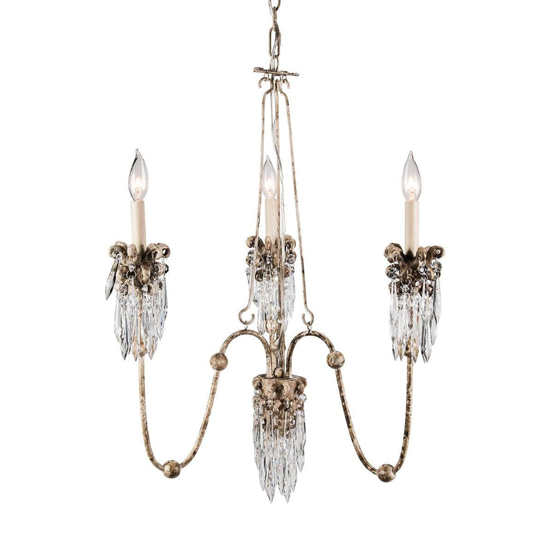 Elstead Venetian 3-Light Crystal Chandelier in Beige Patina & Gold – A luxurious chandelier with classic ornate detailing, a warm beige patina and gold finish, and crystal accents. Featuring three lights, adjustable height, and dimmable functionality, this statement piece is perfect for elegant interiors. Uses 3 x E14 bulbs (not included).