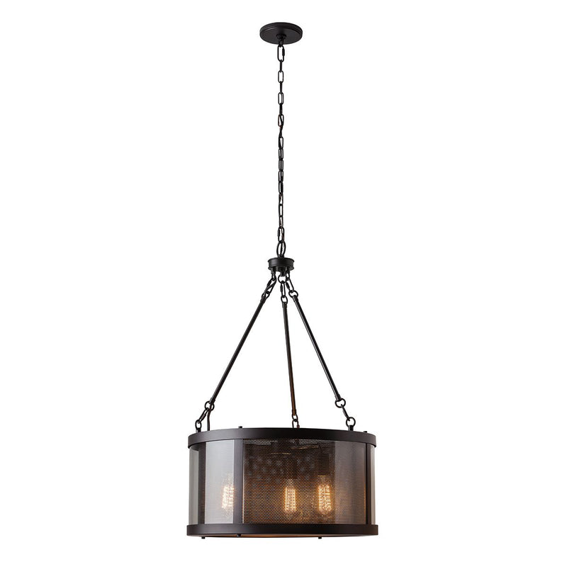 Elstead Bluffton 3-Light Drum Pendant Light in oil-rubbed bronze features an industrial-style inner shade and adjustable rods, perfect for dining rooms, kitchens, or loft-style interiors.