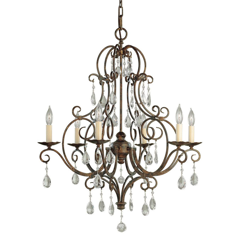 Elstead Chateau 6-Light Crystal Chandelier in Mocha Bronze – A regal, European-inspired chandelier featuring an ornate steel frame with a rich mocha bronze finish and delicate crystal accents. Designed with six lights, adjustable height, and dimmable functionality, it is perfect for classic and elegant interiors. Uses 6 x E14 bulbs (not included).