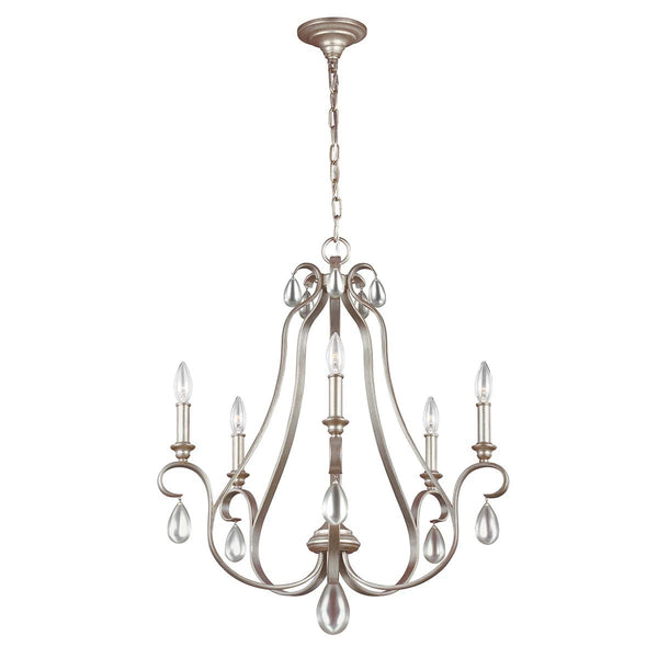 Feiss DeWitt 5 Light Candle Chandelier in sunrise silver on a white background