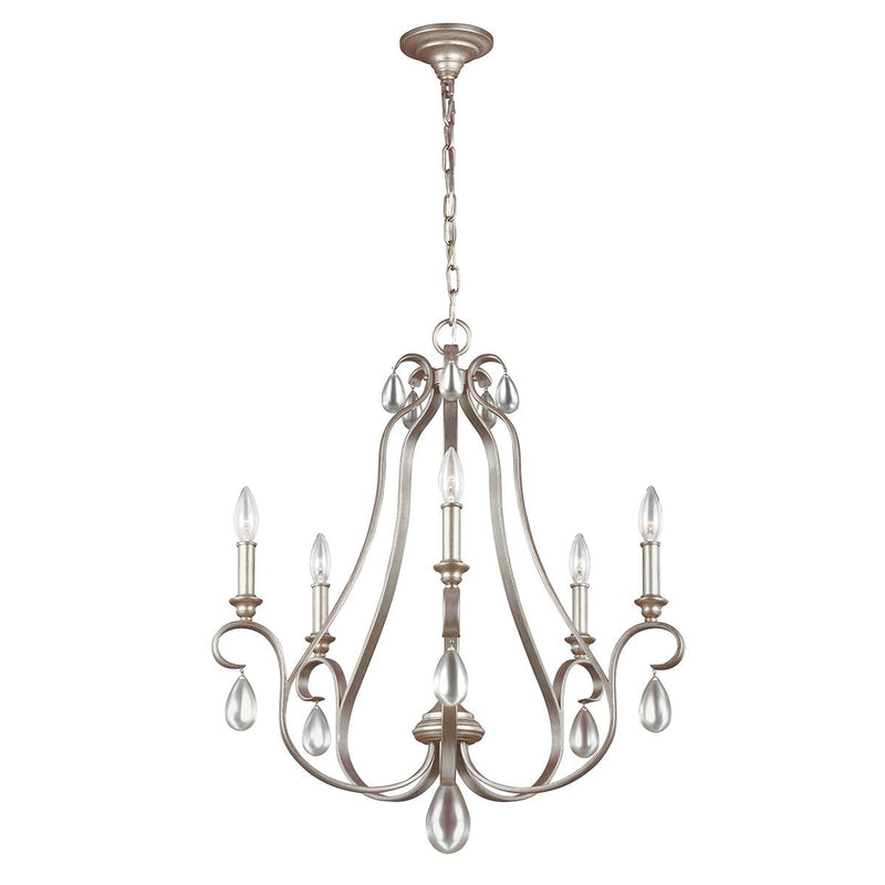 Feiss DeWitt 5 Light Candle Chandelier in sunrise silver on a white background